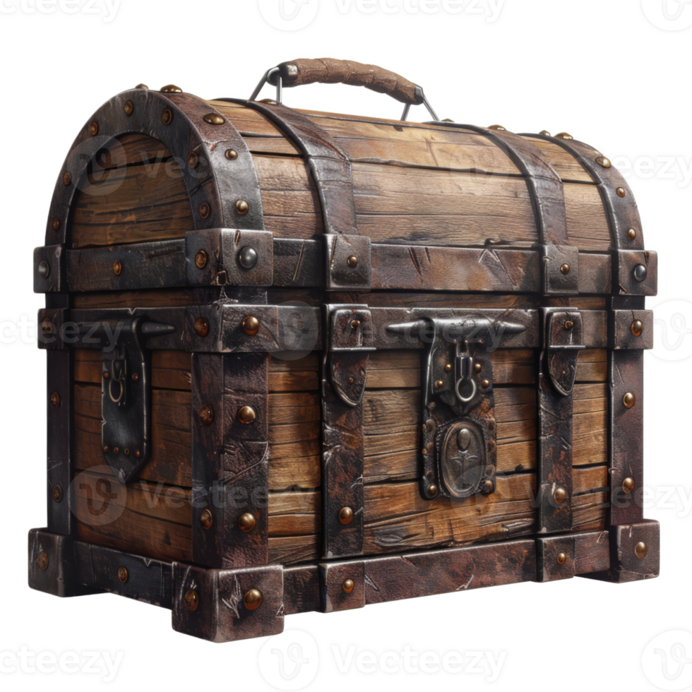 A weathered wooden chest with metal accents and a lock png