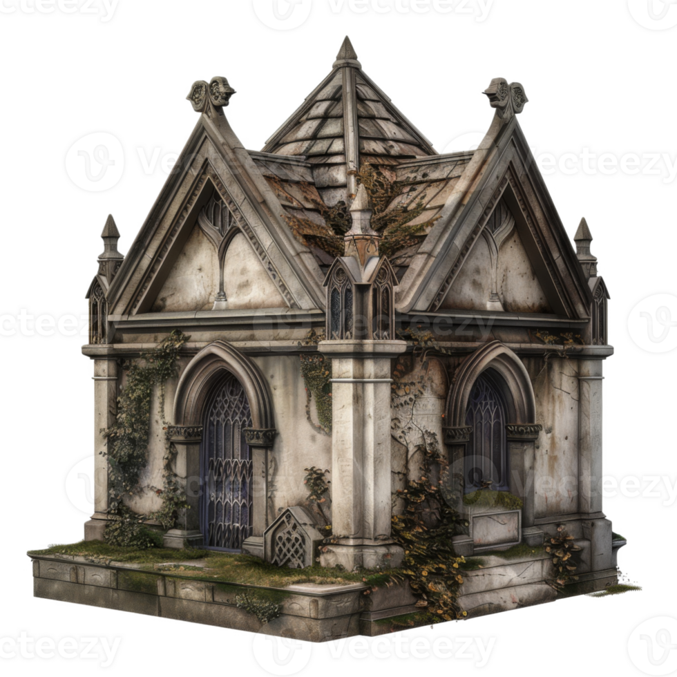 Weathered Stone Mausoleum with Gothic Archways and Ivy png