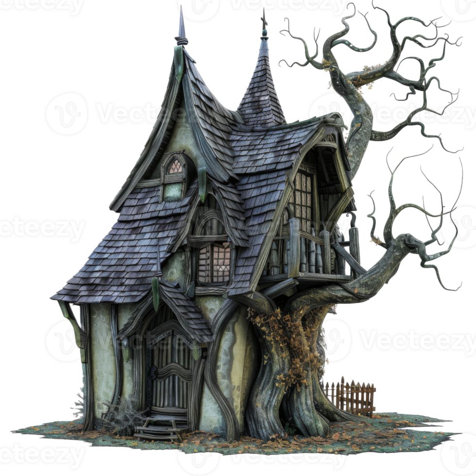 A Rustic, Gnarled Tree House with a Shingled Roof png