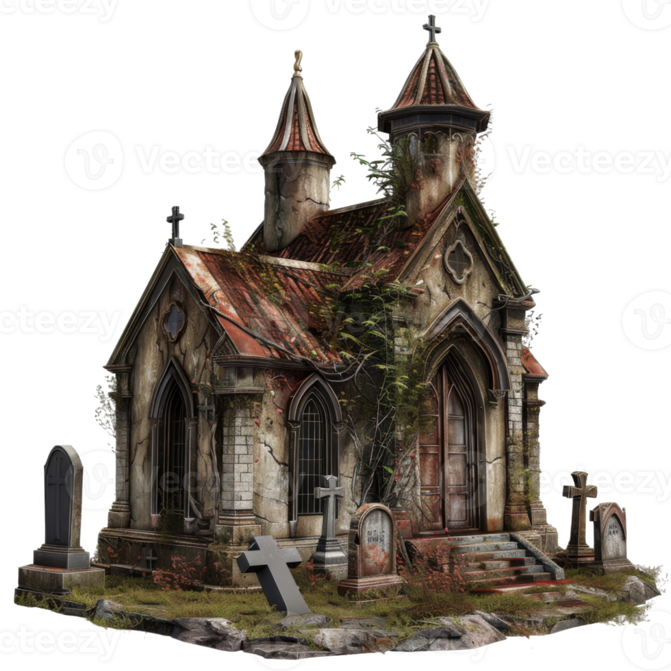Overgrown Stone Church with Crosses and Gravestones in a Cemetery png
