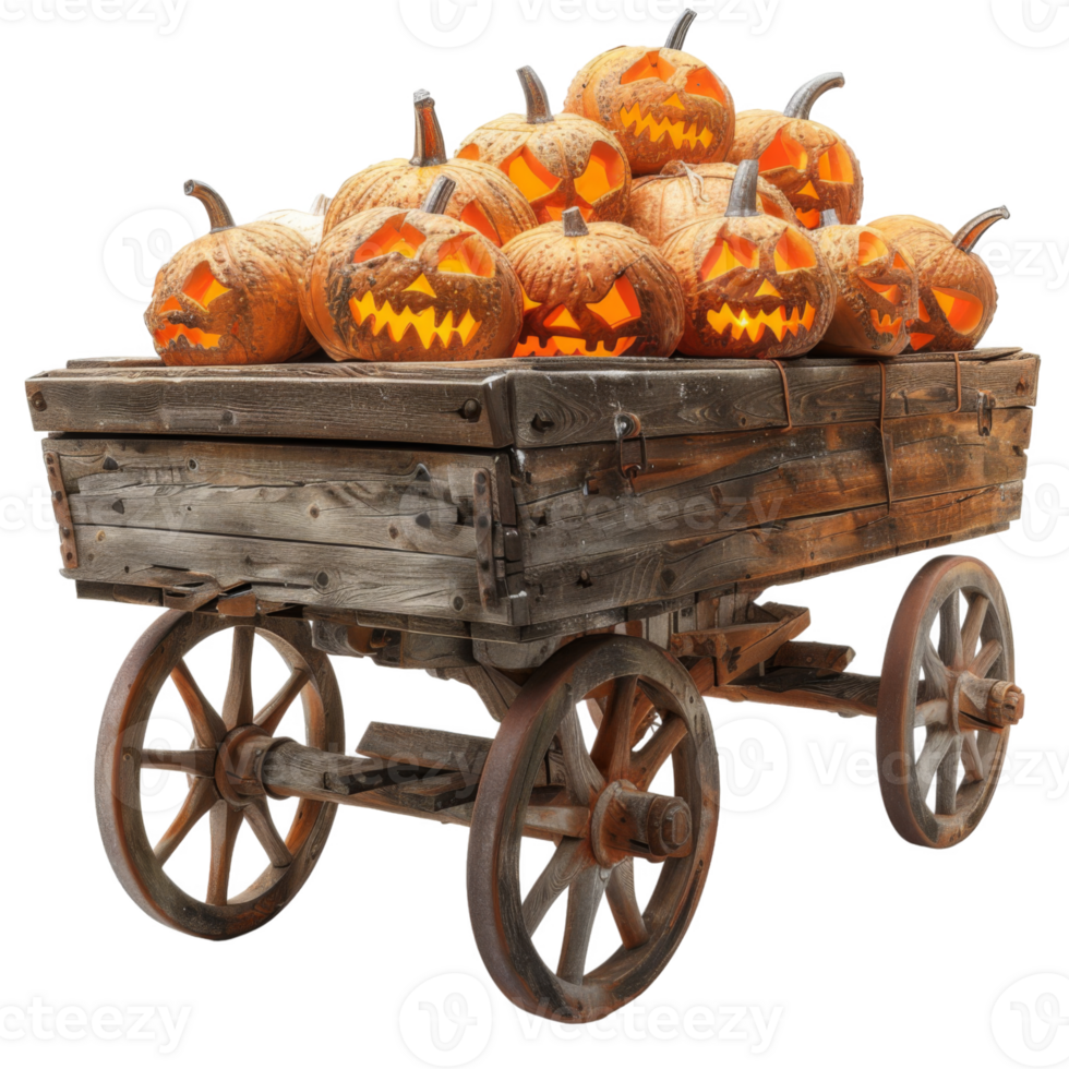 A Rustic Wooden Wagon Filled with Lit Jack-o'-Lanterns png