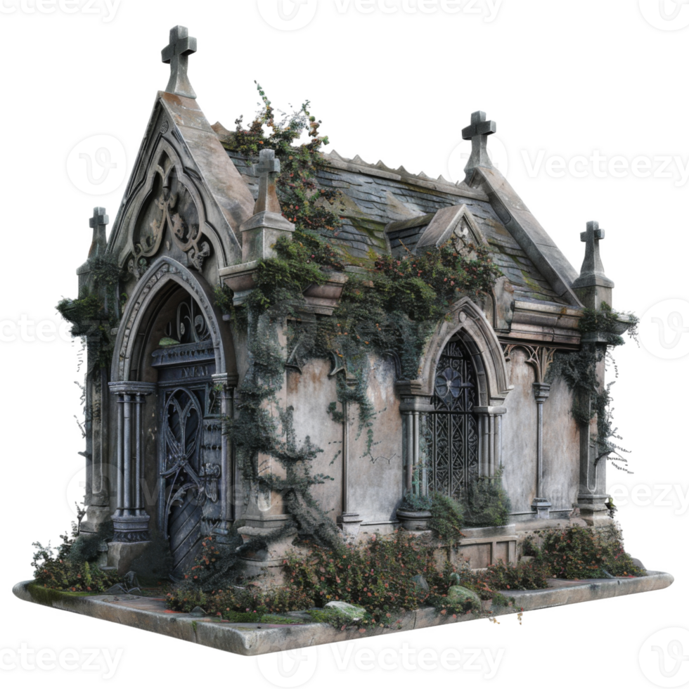 Overgrown Stone Mausoleum with Crosses and Ornate Doorway png