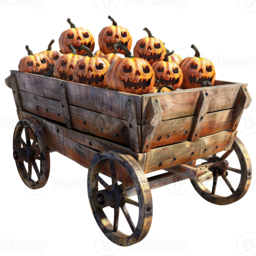A wooden wagon filled with carved jack-o'-lantern pumpkins png