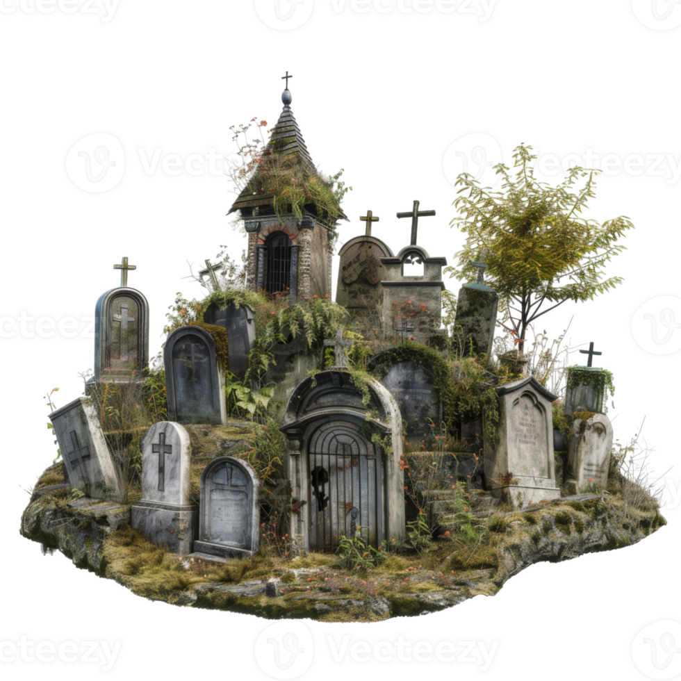 Overgrown Cemetery With Stone Tombs and a Tower png