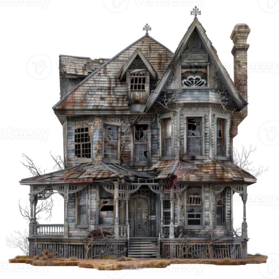 Abandoned Victorian Mansion with Broken Windows and Overgrown Vines png