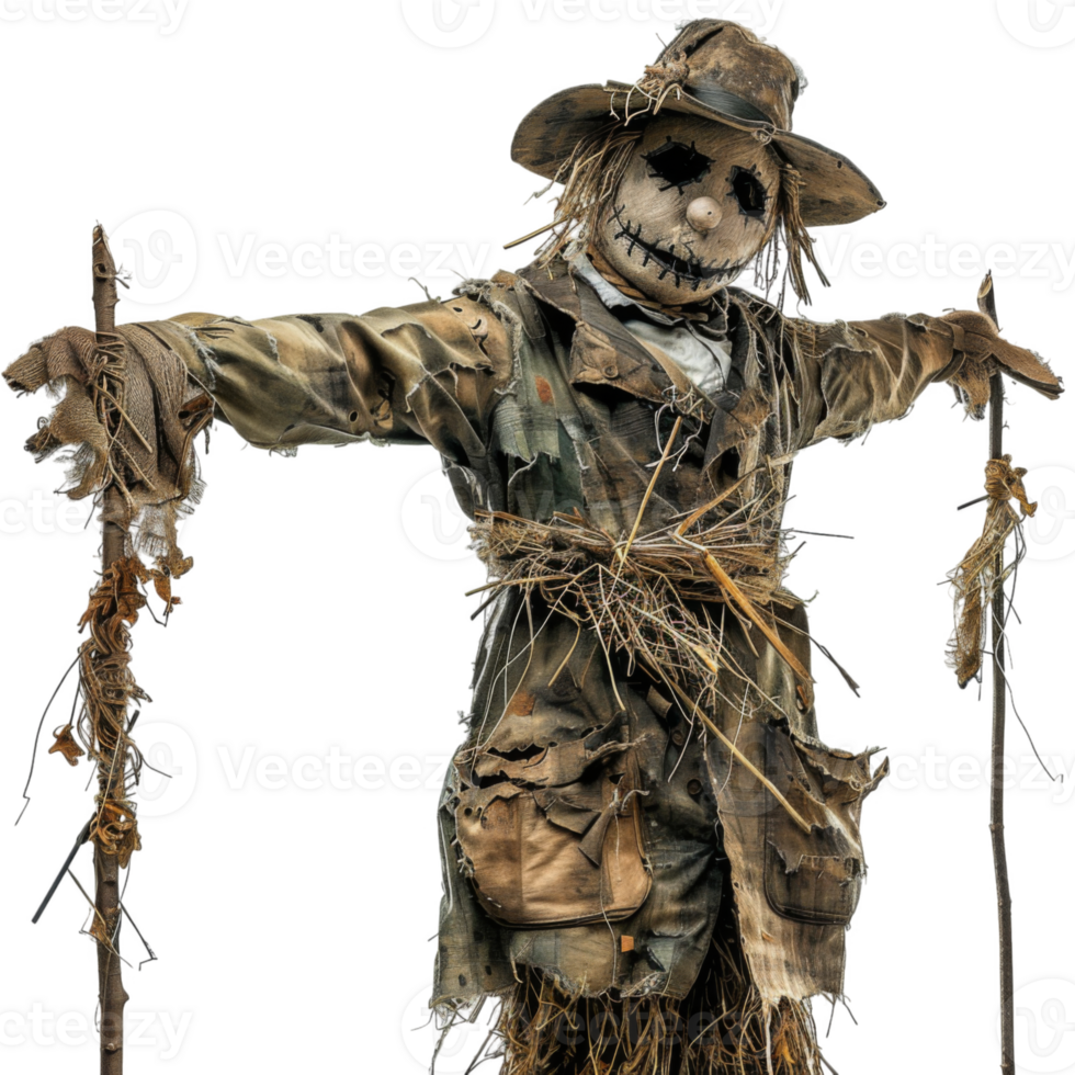 A Detailed Close-Up of a Halloween Scarecrow with a Disturbing Face png