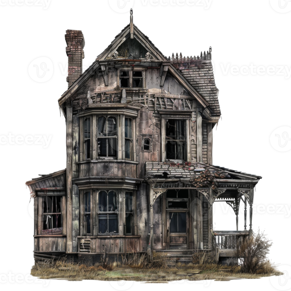 Abandoned Victorian House with Broken Windows and Overgrown Yard png