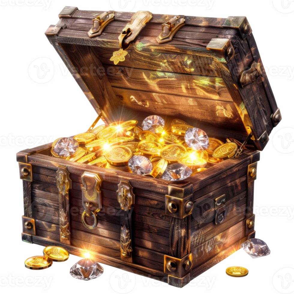 Open Wooden Treasure Chest Filled with Gold Coins and Diamonds png