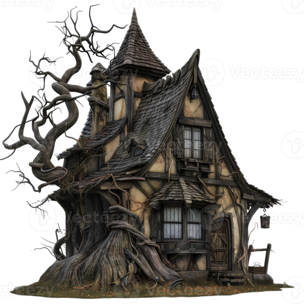 A Twisted Tree Entwined With a Quaint Cottage png