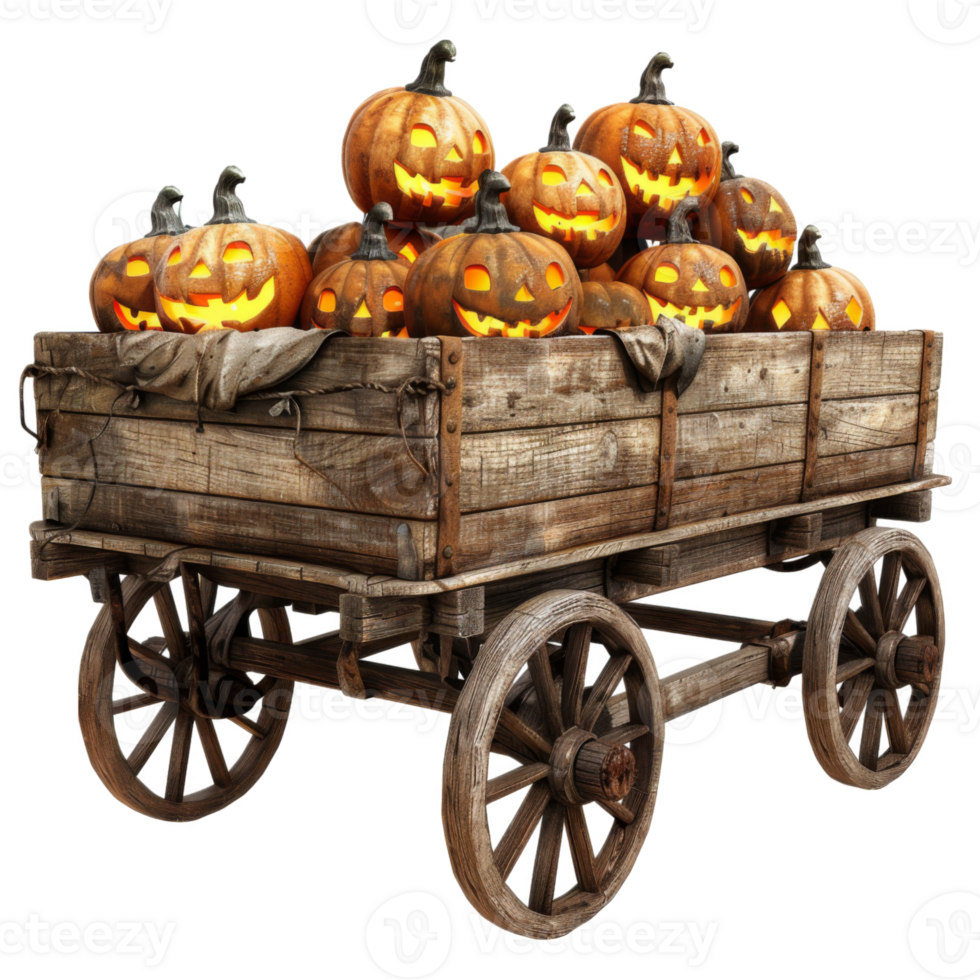 A Rustic Wooden Wagon Overflowing with Lighted Jack-O'-Lantern Pumpkins png
