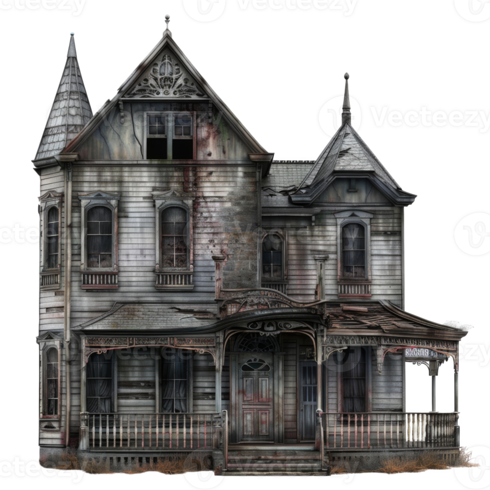 A dilapidated Victorian-style house with a porch and a sold sign png