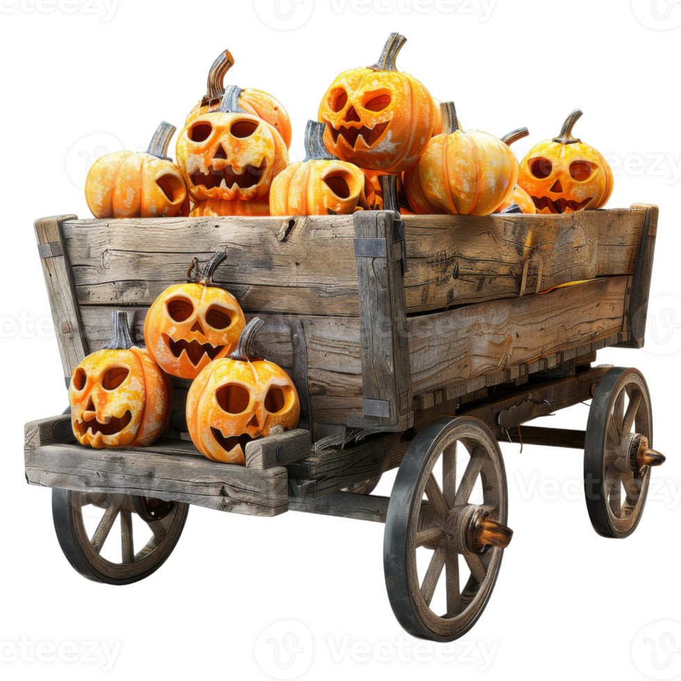 Wooden Wagon Filled with Jack-o'-Lantern Pumpkins png