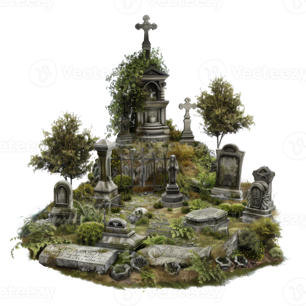 An Overgrown Cemetery with Stone Crosses and Statues png