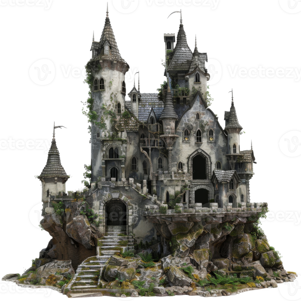 A weathered, overgrown stone castle perched atop a rocky cliff. png