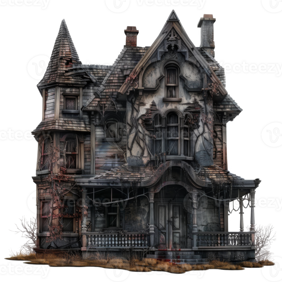 A decaying, Victorian-style haunted house with a porch and a tower png