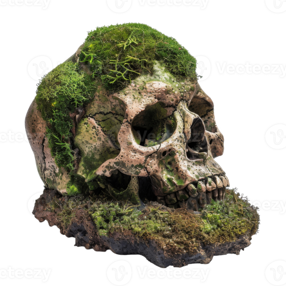 Moss-Covered Skull in a Decaying Forest png