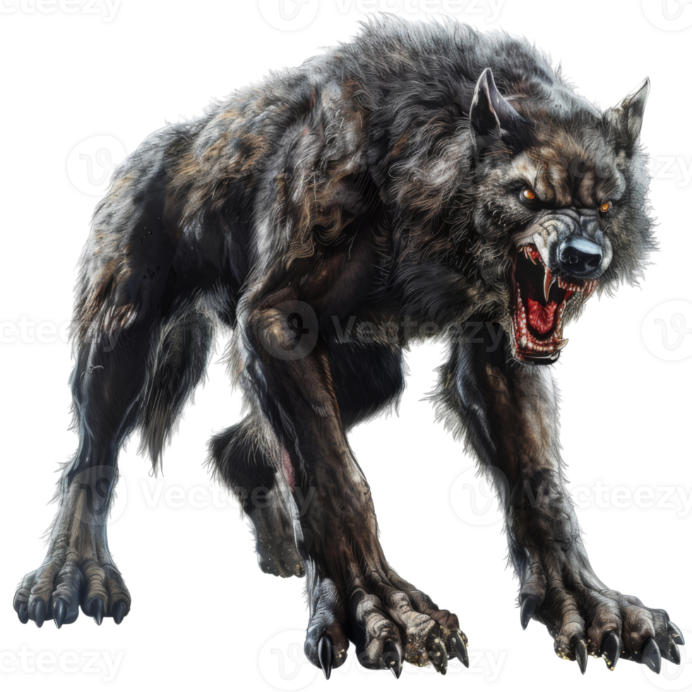 A snarling werewolf with bared fangs and claws png