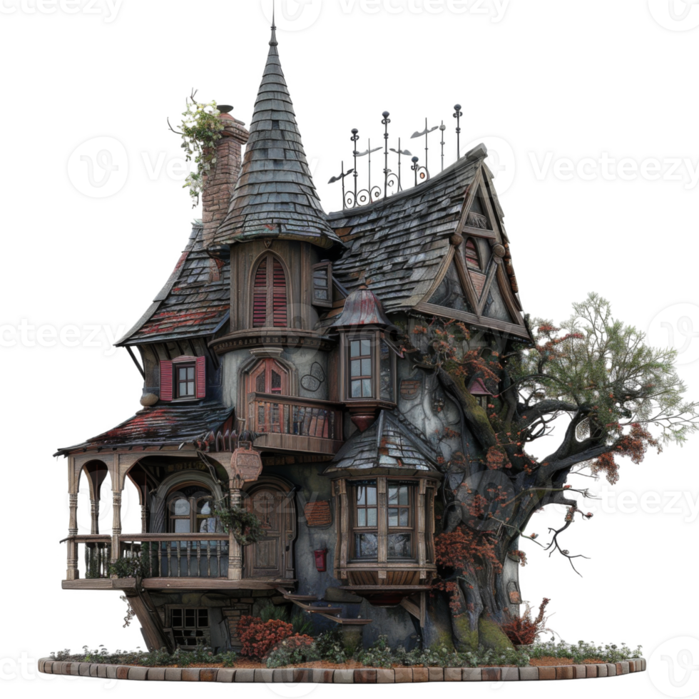 A whimsical, multi-level, stone and wood house with a tree growing from its side png