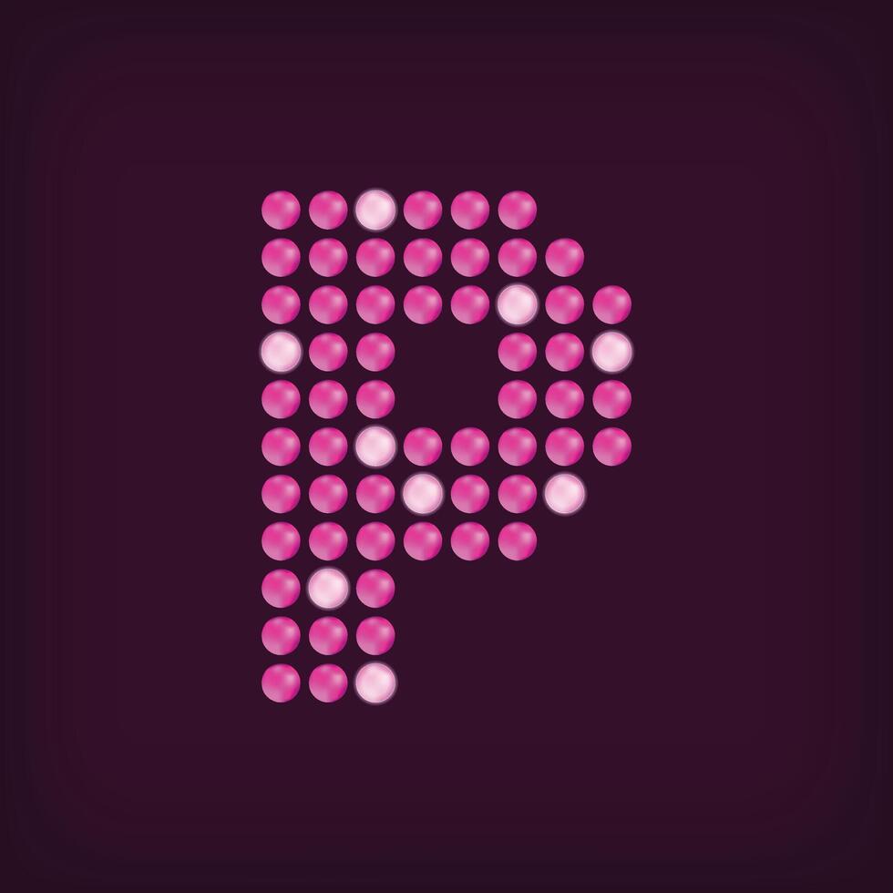 Unique led dot letter P design. LED glowing letters font. Decorative cinema text vector