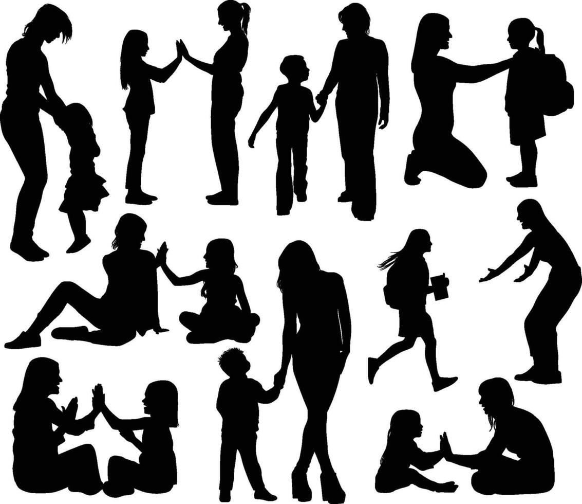 mom and daughter silhouettes vector