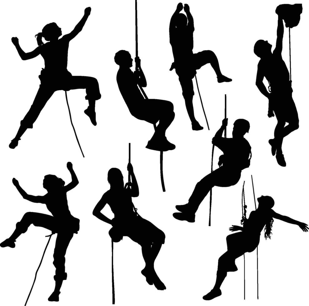 climbing in mountains silhouettes in different poses vector