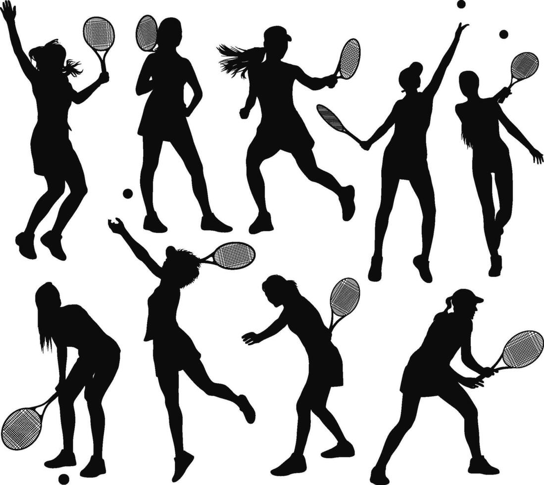 woman tennis player silhouettes in different poses vector