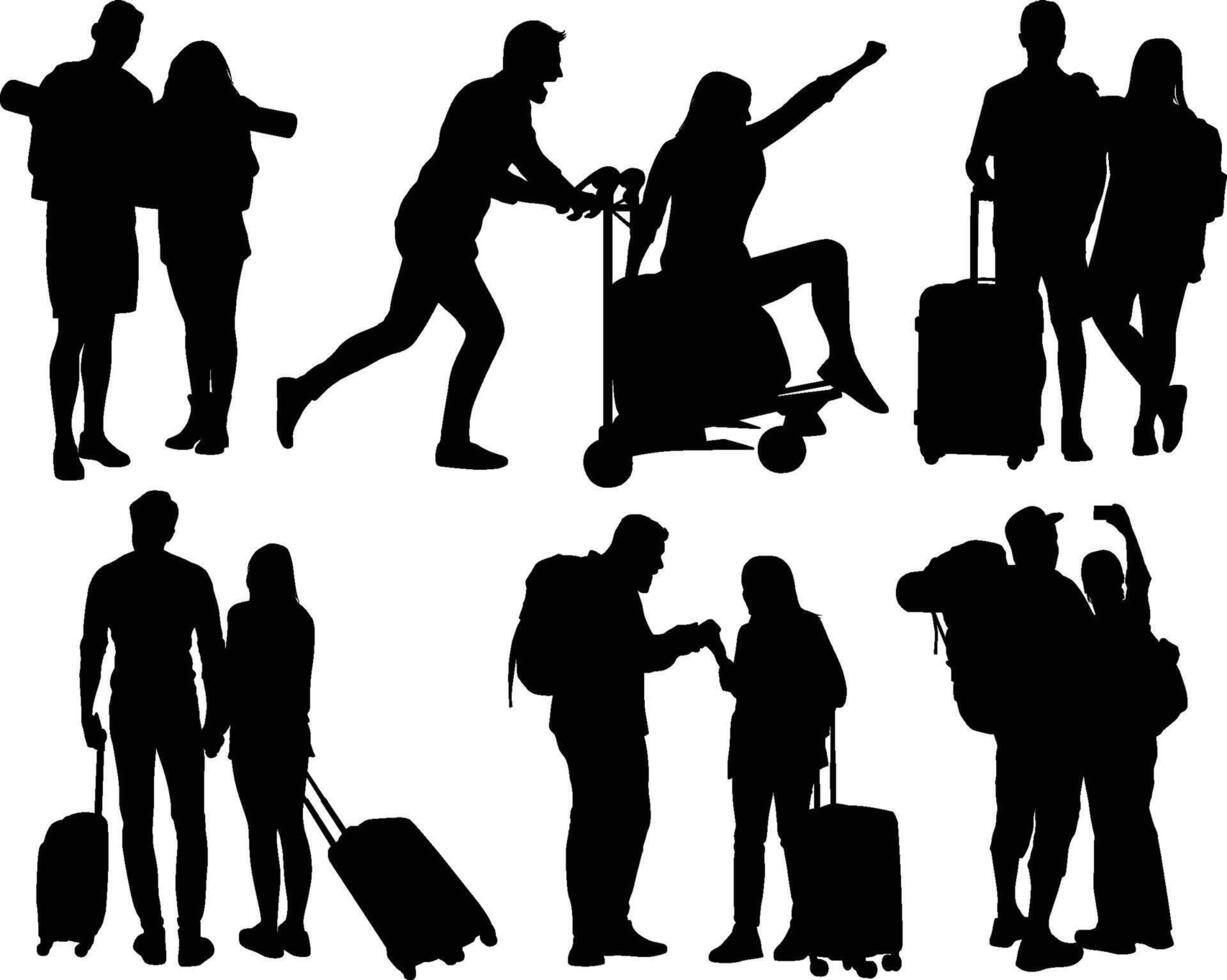 traveling couple for adventure silhouettes vector