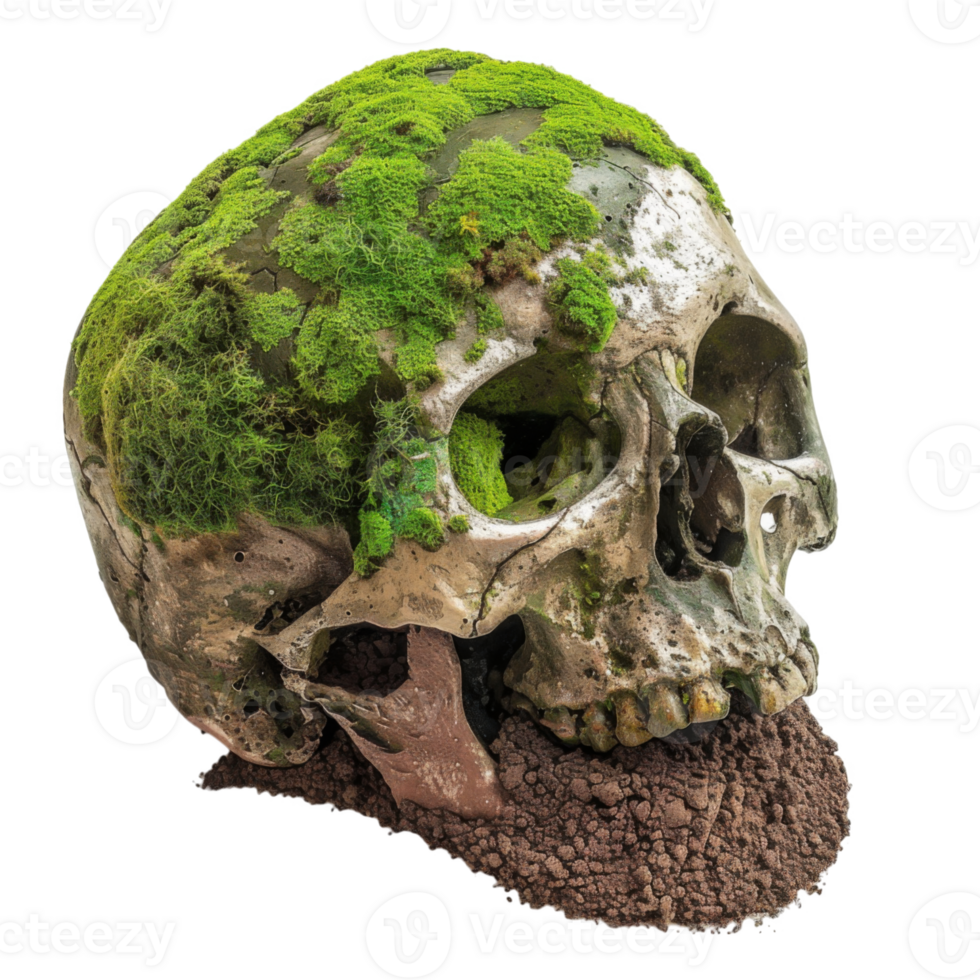 A skull with moss growing on it png