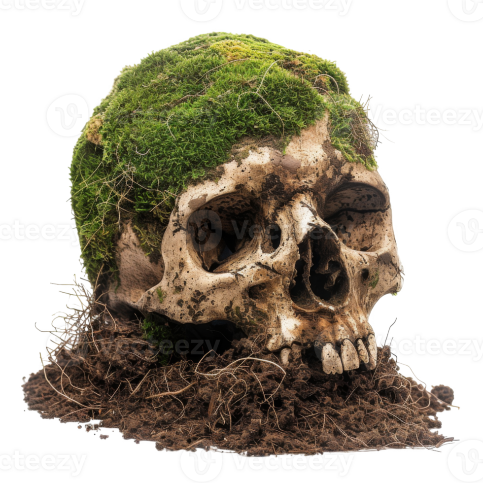 A skull with moss on it sitting in the dirt png