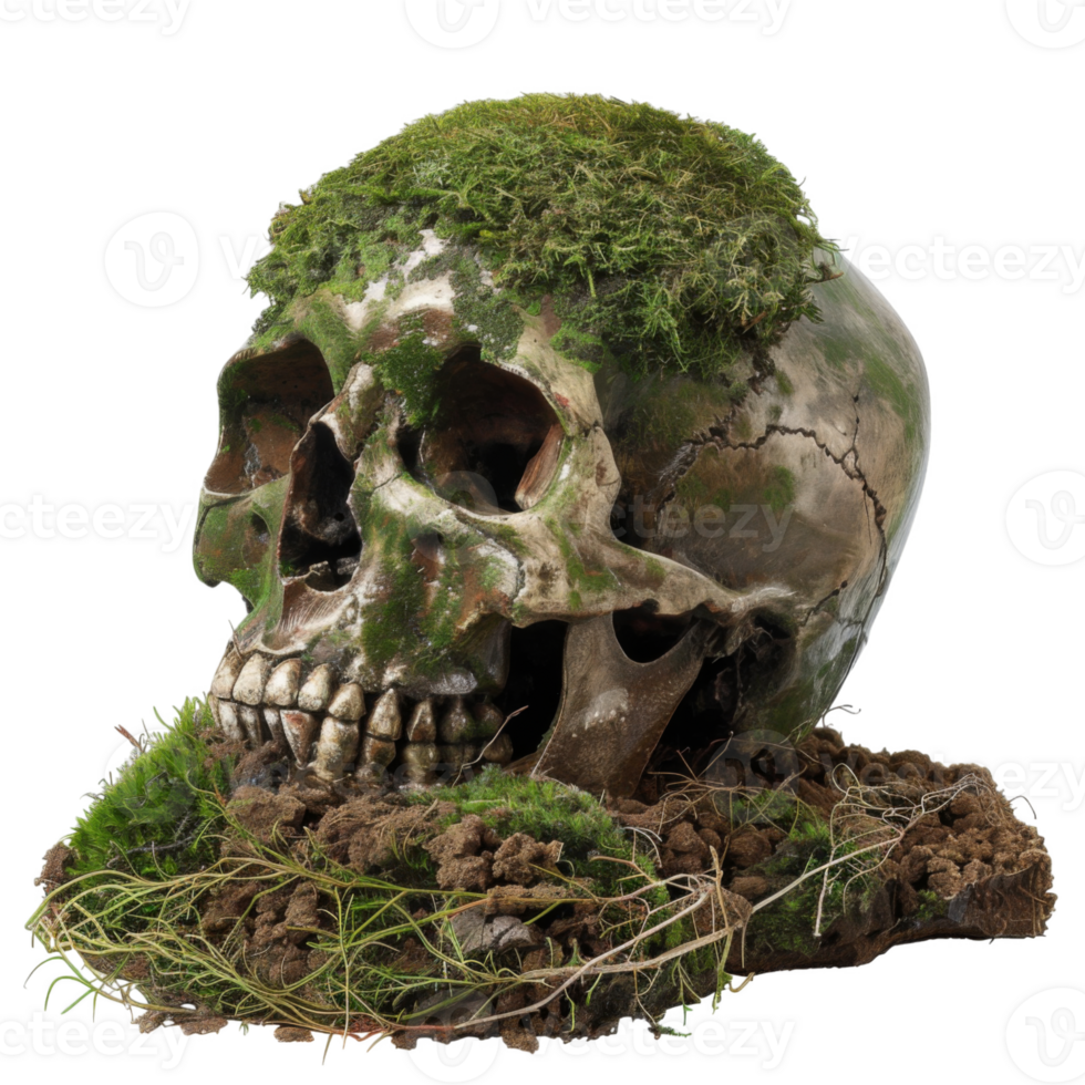 A skull with moss on it sitting on top of a green grass png