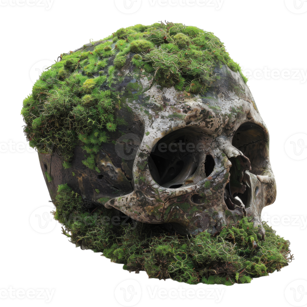 A skull covered in moss on a black background png