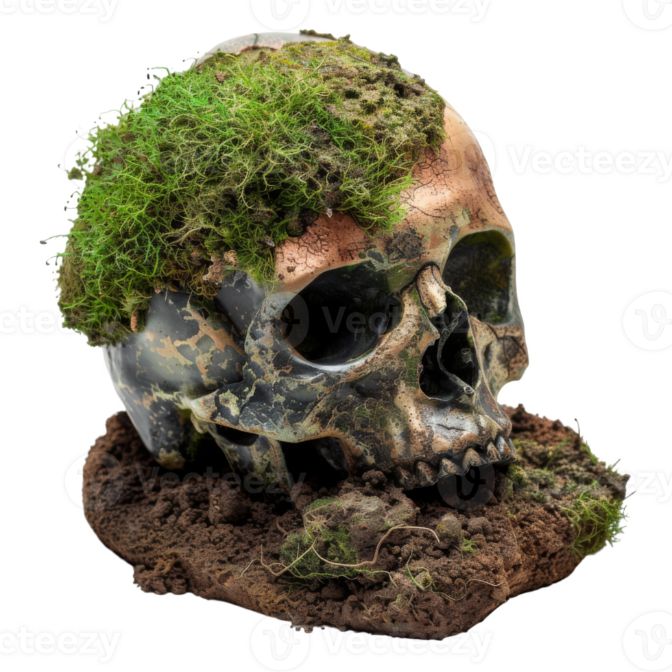 Moss-Covered Skull Half-Buried in Dirt png