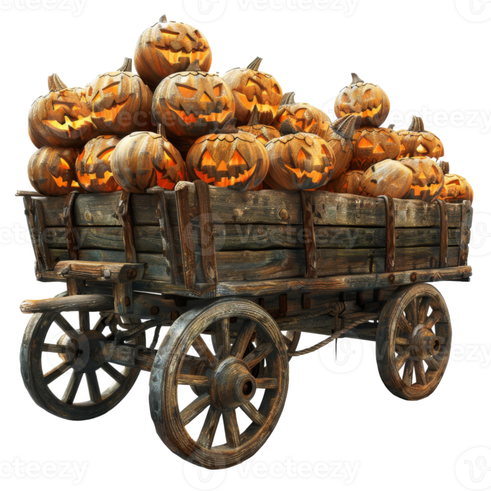 A Rustic Wooden Wagon Filled with Lit Jack-o'-Lanterns png