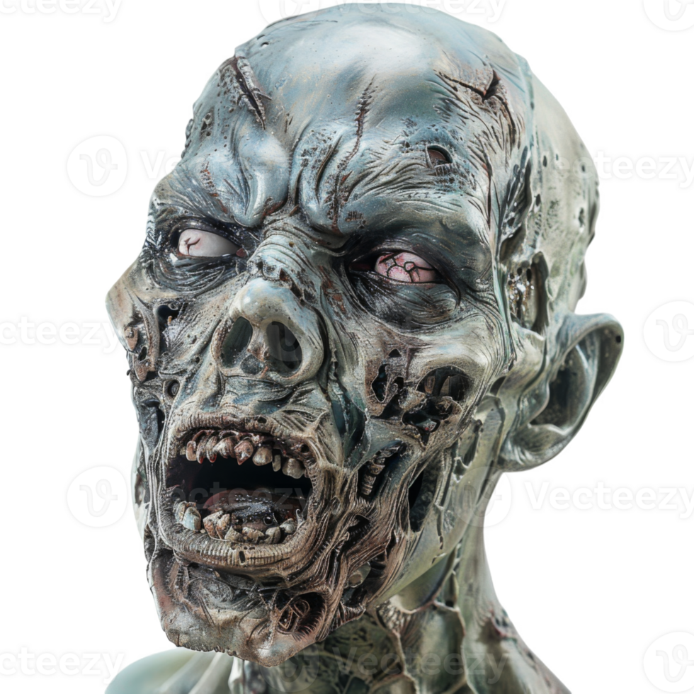 Close-up of a Gruesome, Rotting Zombie Head with Exposed Teeth and Bloody Eyes png