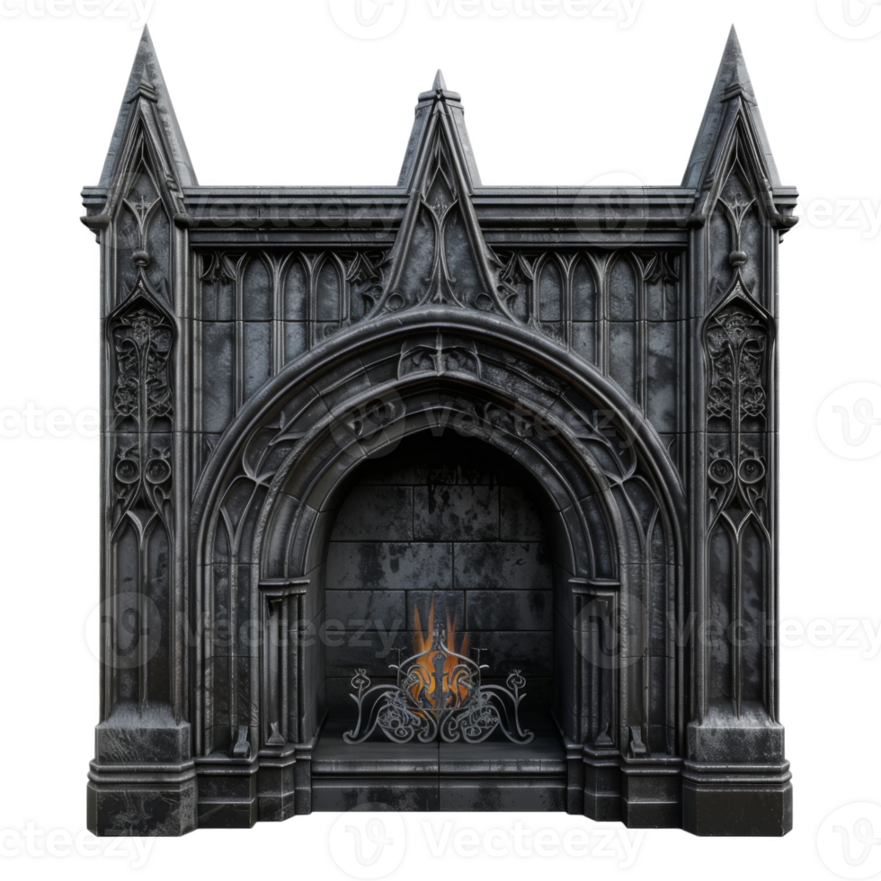 Gothic Stone Fireplace with Ornate Design and Burning Fire png