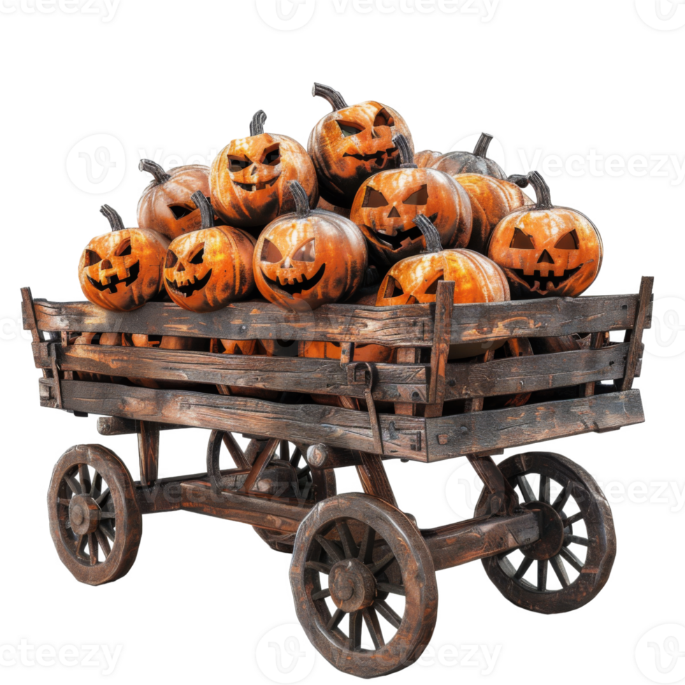 A Wooden Wagon Filled with Carved Jack-o'-Lantern Pumpkins png