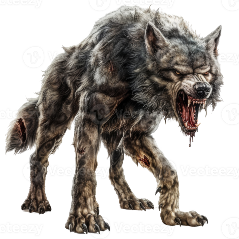 A ferocious gray wolf with sharp teeth and claws, snarling with a bloody mouth png