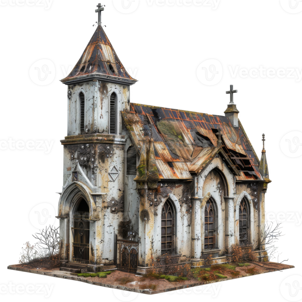 A dilapidated, weathered church with a rusted roof and overgrown surroundings. png