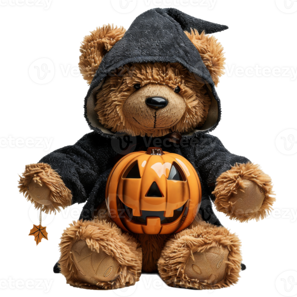 Teddy Bear Dressed in a Black Robe Holding a Jack-o'-Lantern png