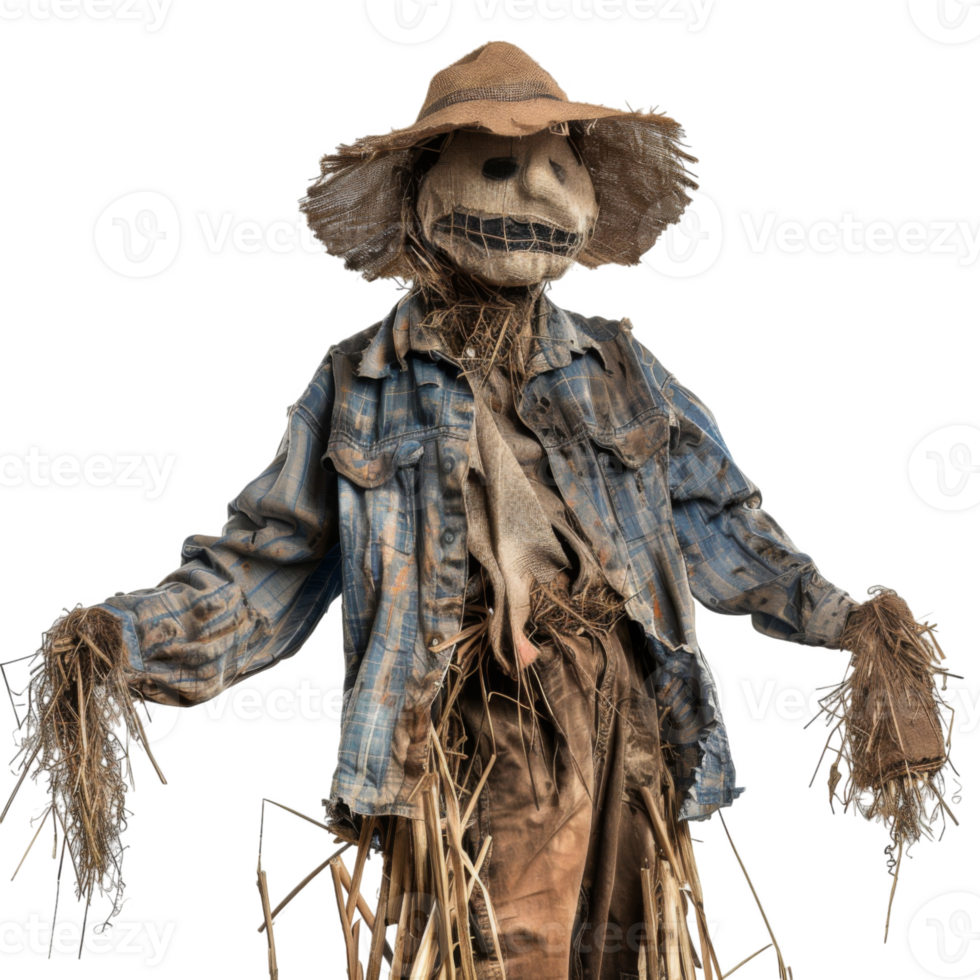 A weathered scarecrow with a straw hat and a plaid shirt. png