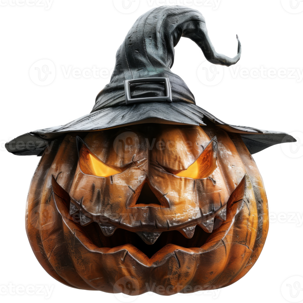 Glowing Jack-o'-lantern Wearing a Witch's Hat png