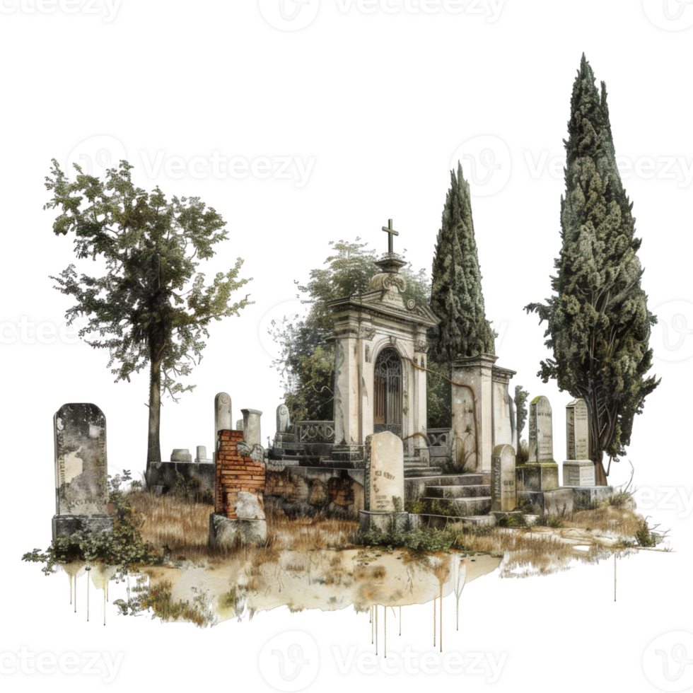 A Small Stone Mausoleum in an Overgrown Cemetery png