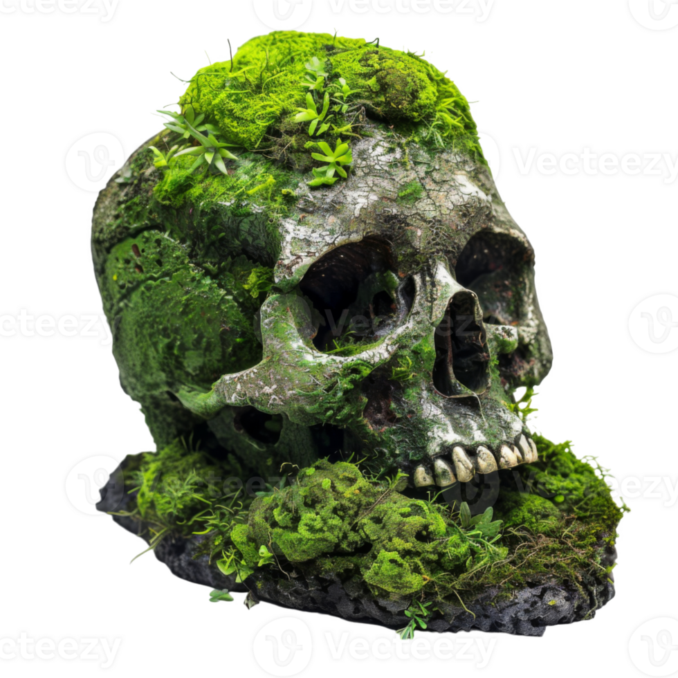 Moss-Covered Skull with Lush Greenery png