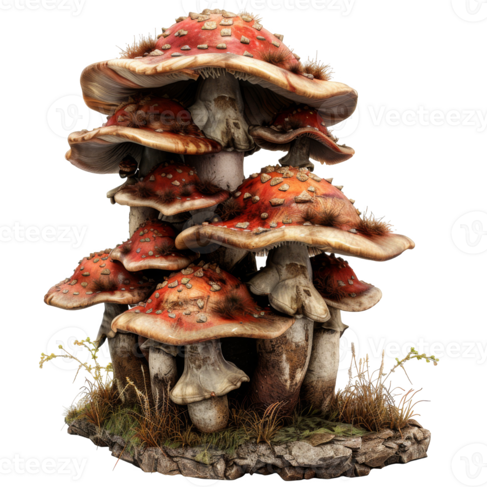 Cluster of Red and White Mushrooms with Grass and Rocks png