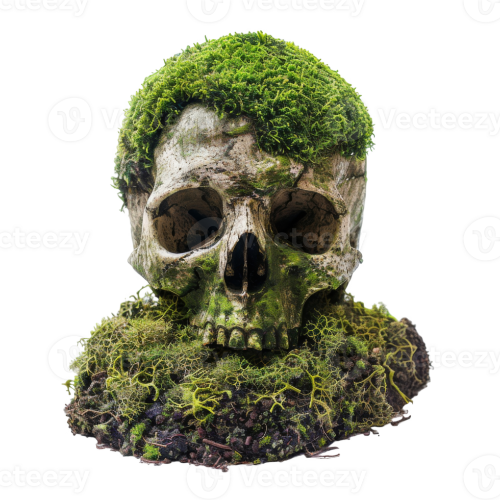 Human Skull Covered in Moss and Soil png