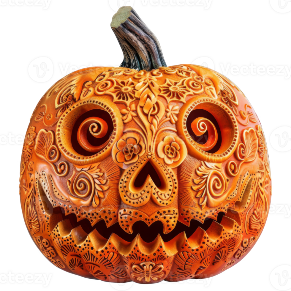 Intricately Carved Sugar Skull Pumpkin png
