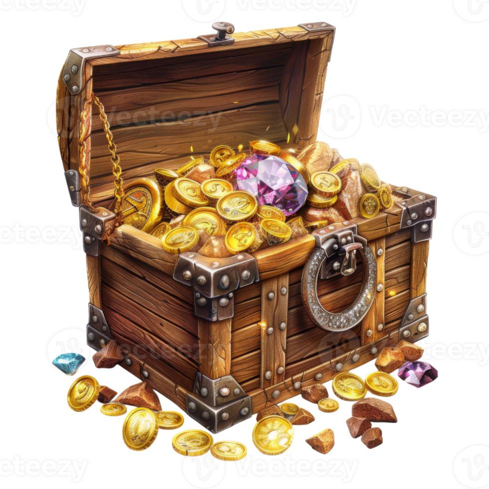 Open Wooden Treasure Chest Filled with Gold Coins and a Large Gem png