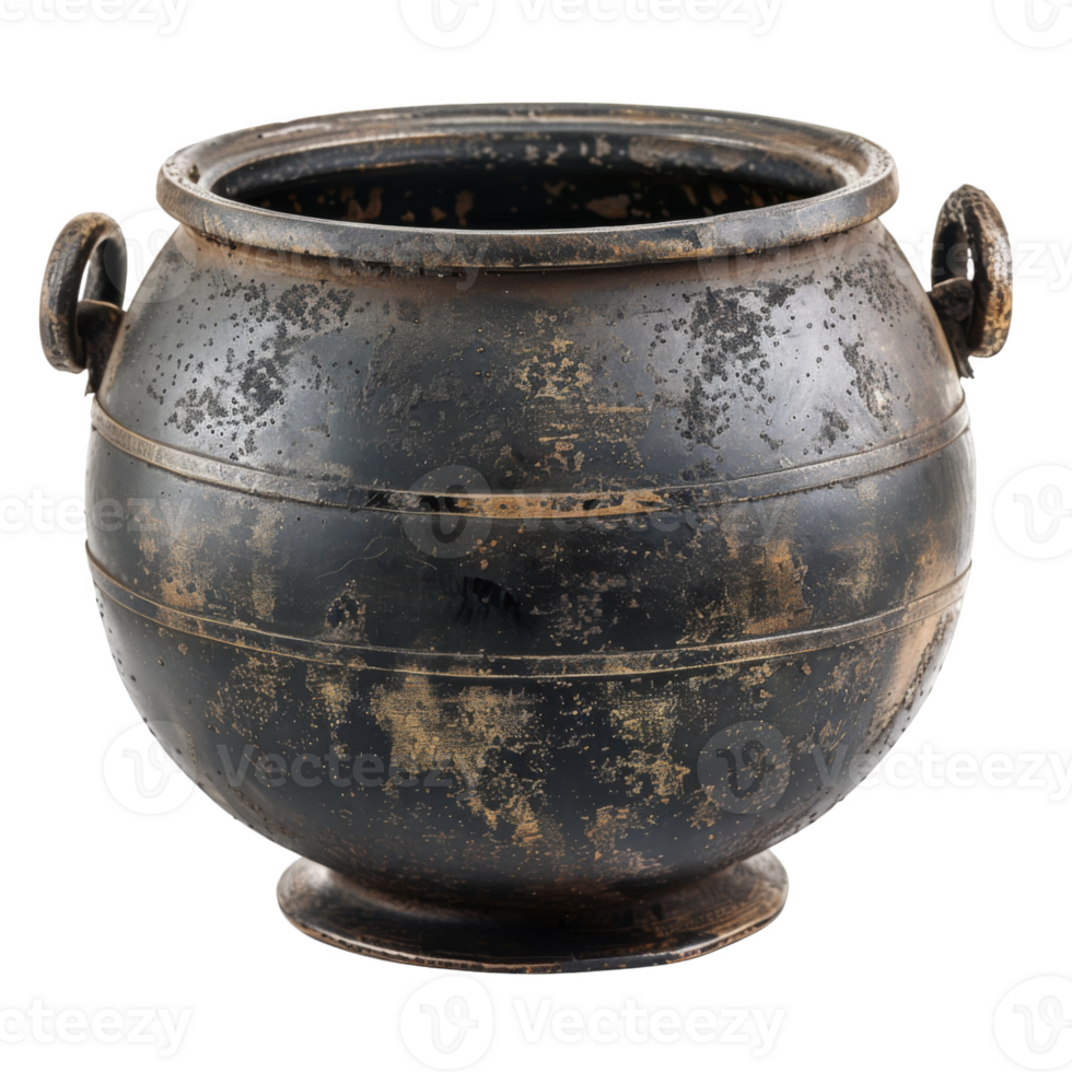 Antique Black Metal Pot with Worn Gold Accents png