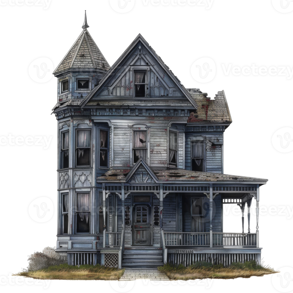 An Abandoned Victorian House with a Porch and a Tower png