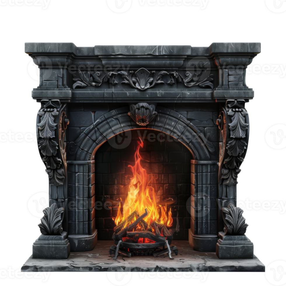 Ornate Stone Fireplace with Burning Fire png
